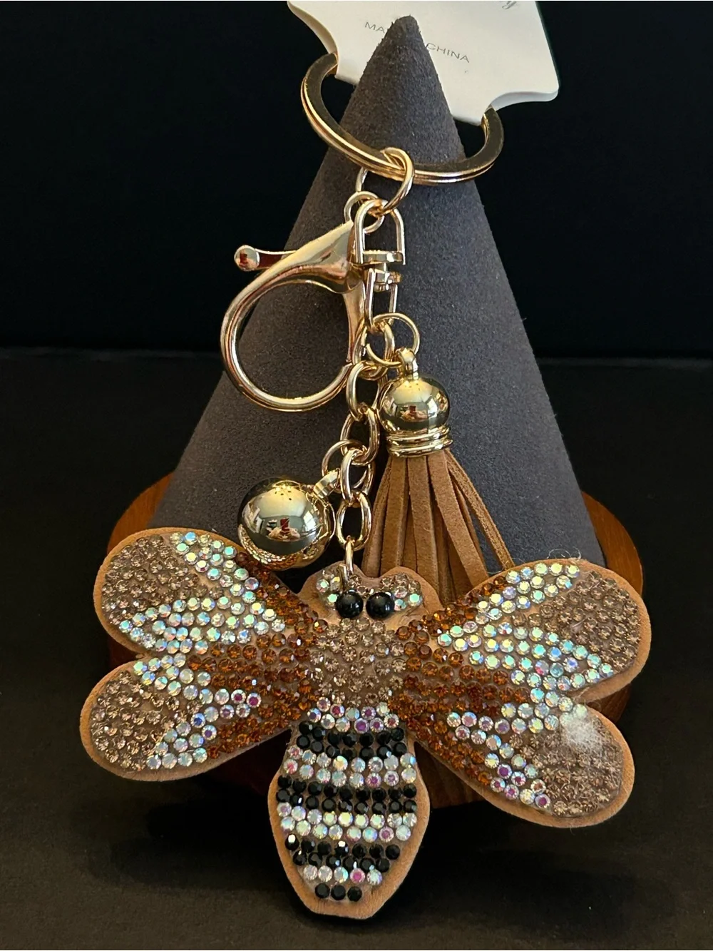 PREMIUM Puffy Crystal Bee Tassel Bag Charm Keychain - Gold & Tan